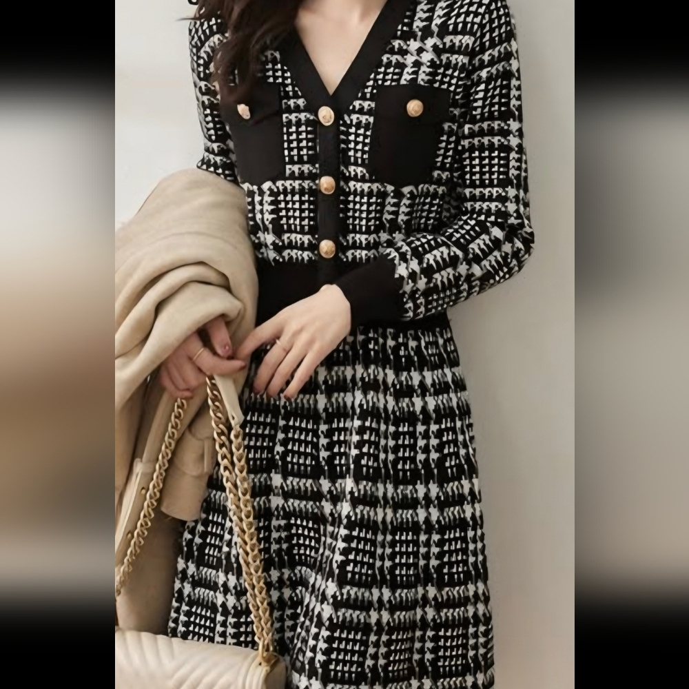 Chic Black and White Houndstooth Dress with Gold Accents